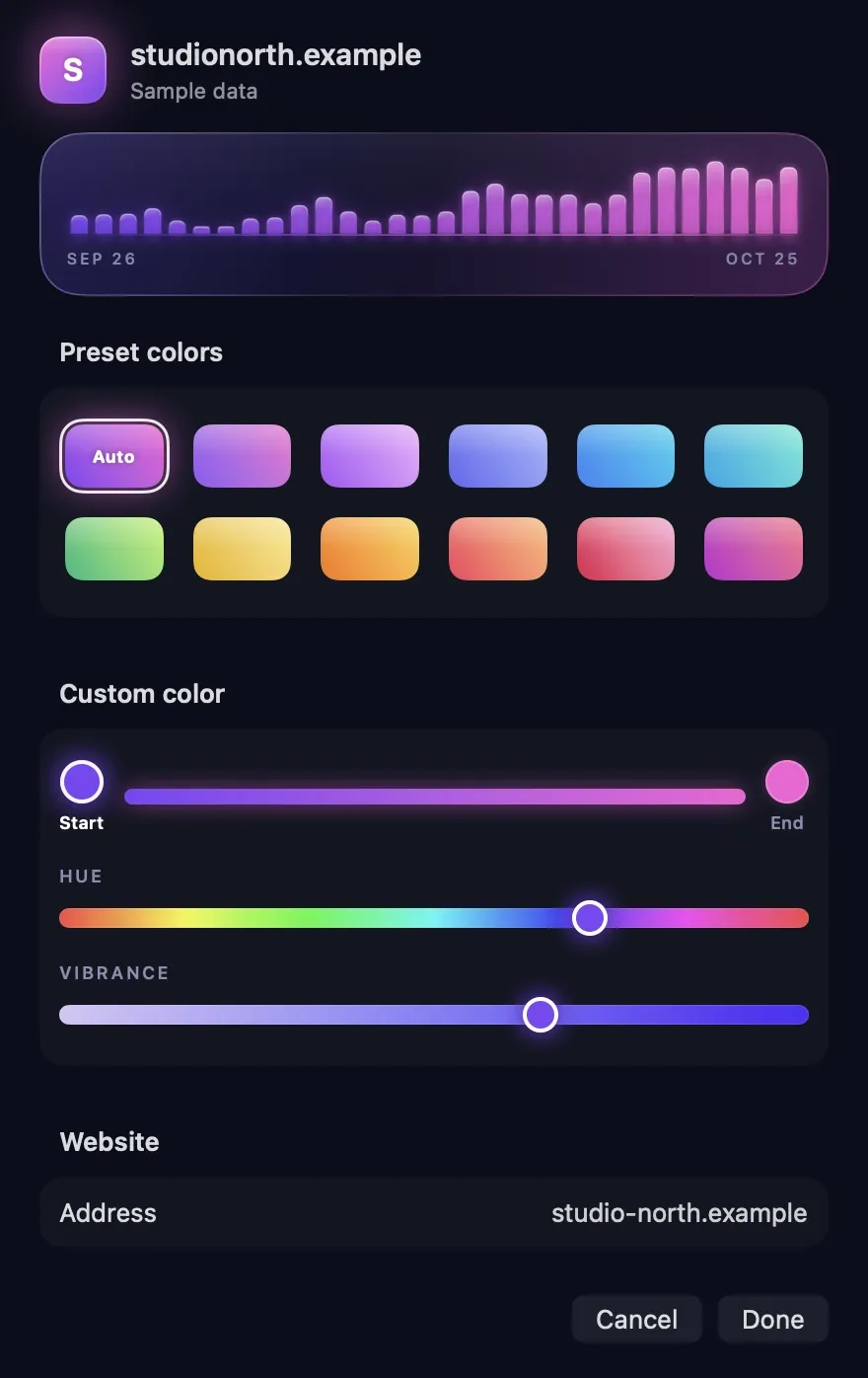 Synopsy's appearance window with preset gradients and hue and vibrance sliders.